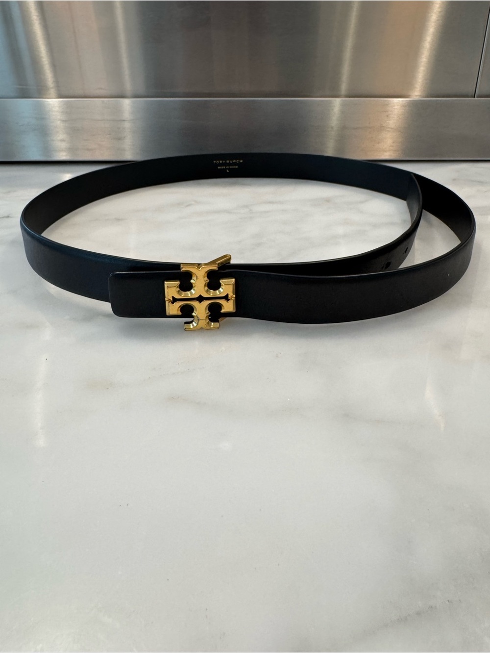 Tory Burch Black Smooth Leather Belt with Gold Stamp, size large